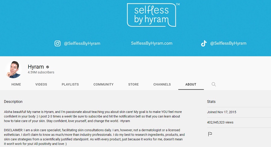 youtube channel description examples - selfless by hyram complete description screesnhot