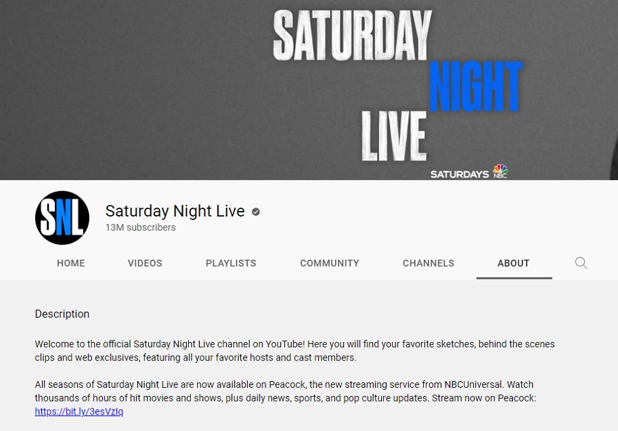 youtube channel description examples - saturday night live description screenshot