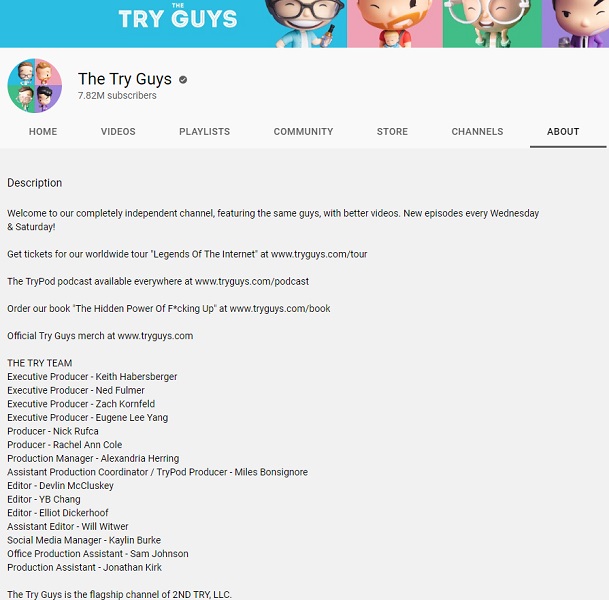 youtube channel description example - try guys about page example