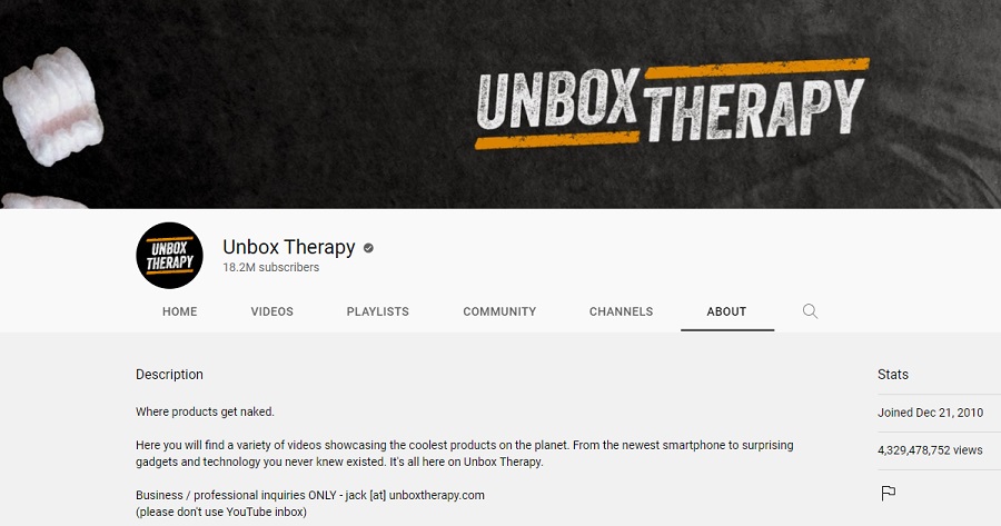 youtube channel description examples - screenshot of unbox therapy about page