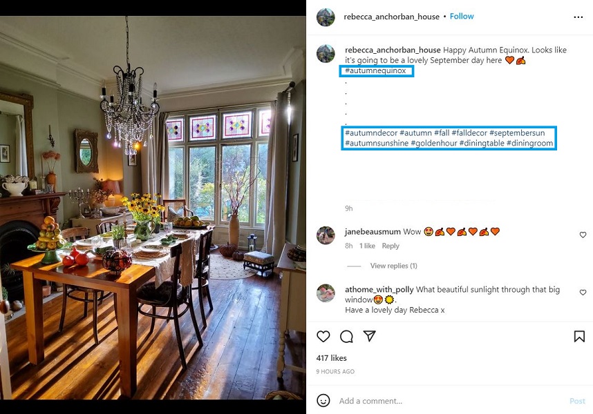 fall instagram captions - example of a small business using fall hashtags on an instagram post