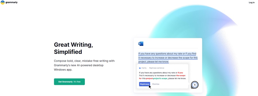 free marketing tools - grammarly landing page screenshot with example edits