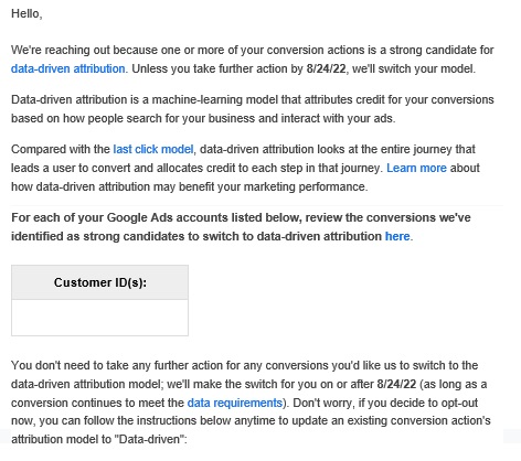 google ads updates - data driven attribution email