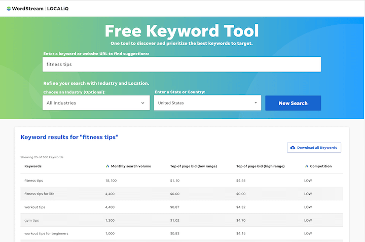 free marketing tools - wordstream free keyword tool screenshot