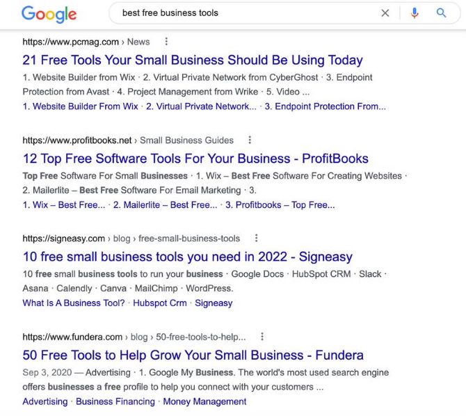 google search for best free business tools