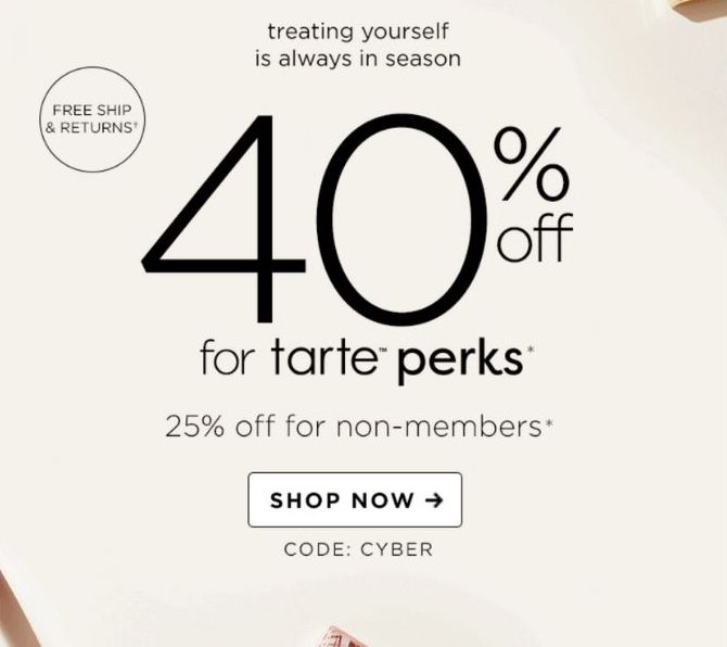 holiday email marketing example from tarte teasing member-only access to sale