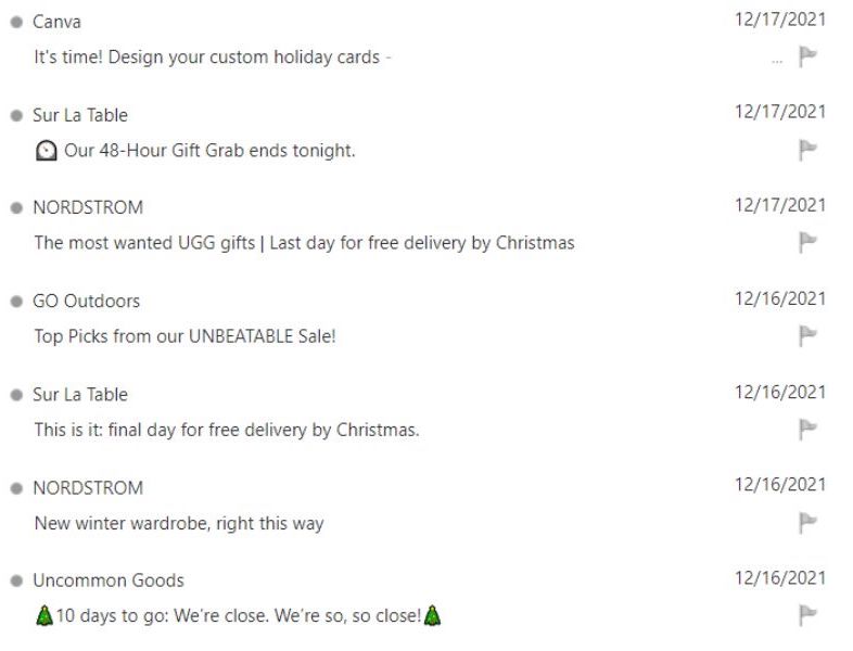 examples of holiday email subject lines from businesses in someones inbox