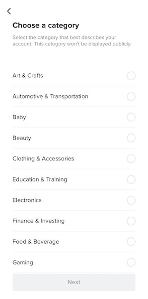 how to create a tiktok account - choose business category for your tiktok account