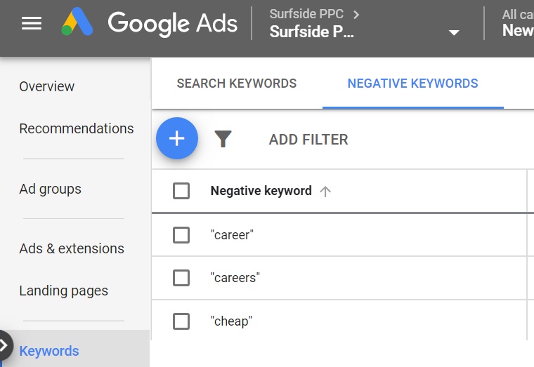 how to do keyword research for ppc - example of negative ppc keywords in Google Ads