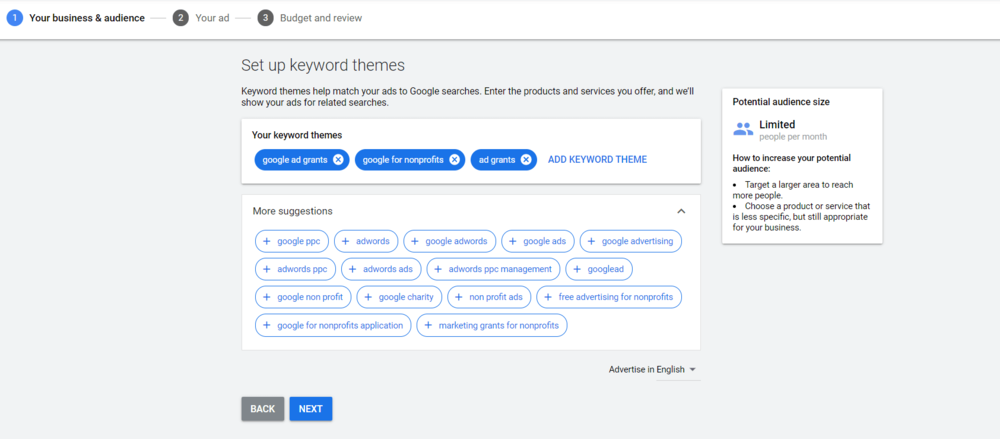 how to do keyword research for ppc - smart campaign ppc keyword themes screenshot