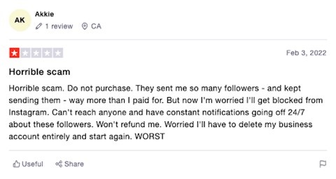 social media mistakes - review of buying followers scam