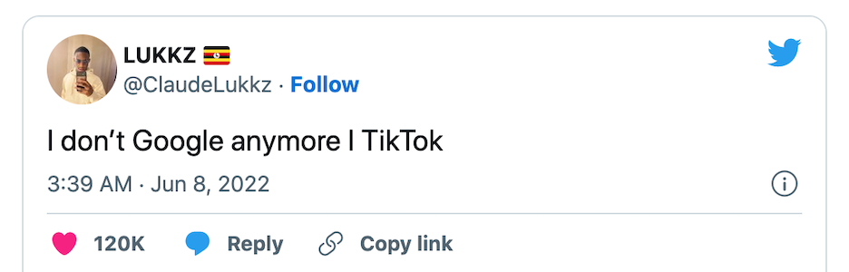 tweet about tiktok being used as a search engine