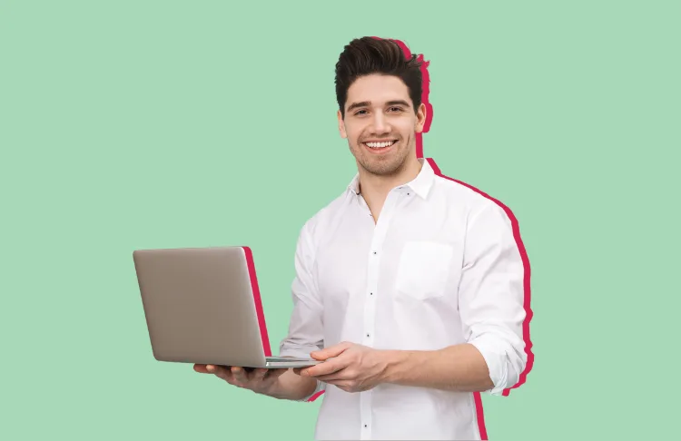 Holiday email subject lines - Man standing with a laptop