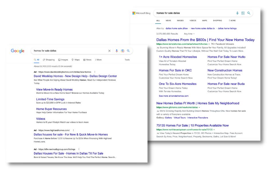 search ad results for homes for sale on google and bing