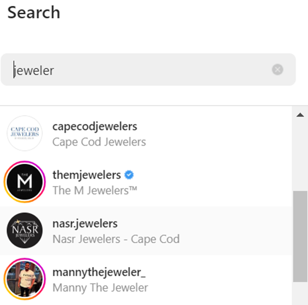 social media handles - examples of how handles populate in an Instagram search