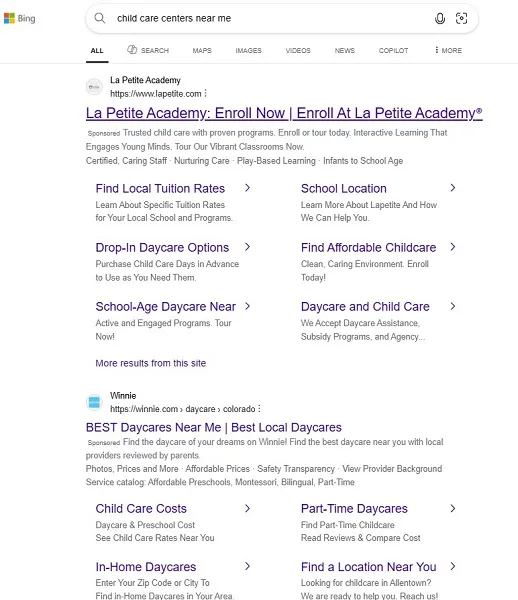 marketing acronyms - example bing serp
