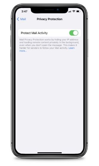 screenshot of apple ios mail privacy setting on iphone