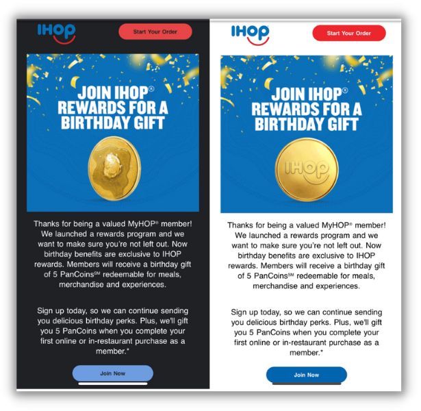 example of email in light and dark mode from ihop