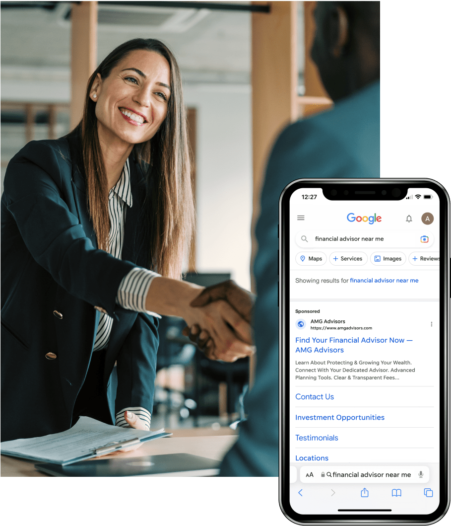 Image of a businesswoman shaking hands with a man, with an image of search results in a phone overlapping