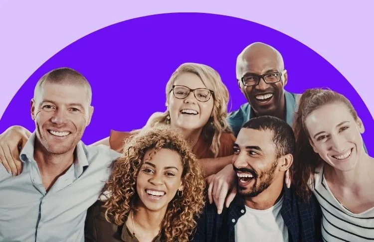 people smiling on purple background
