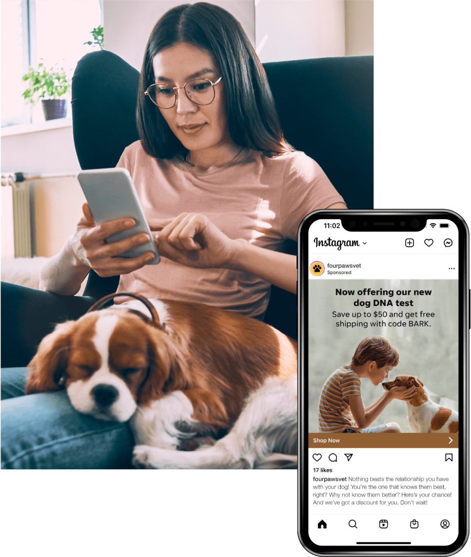 Woman looking down at her phone with a dog on her lap. Overlapping phone image displaying a social ad.