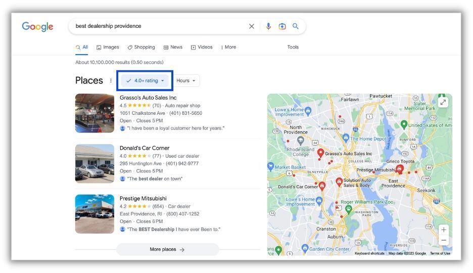 google three pack for best dealership providence search