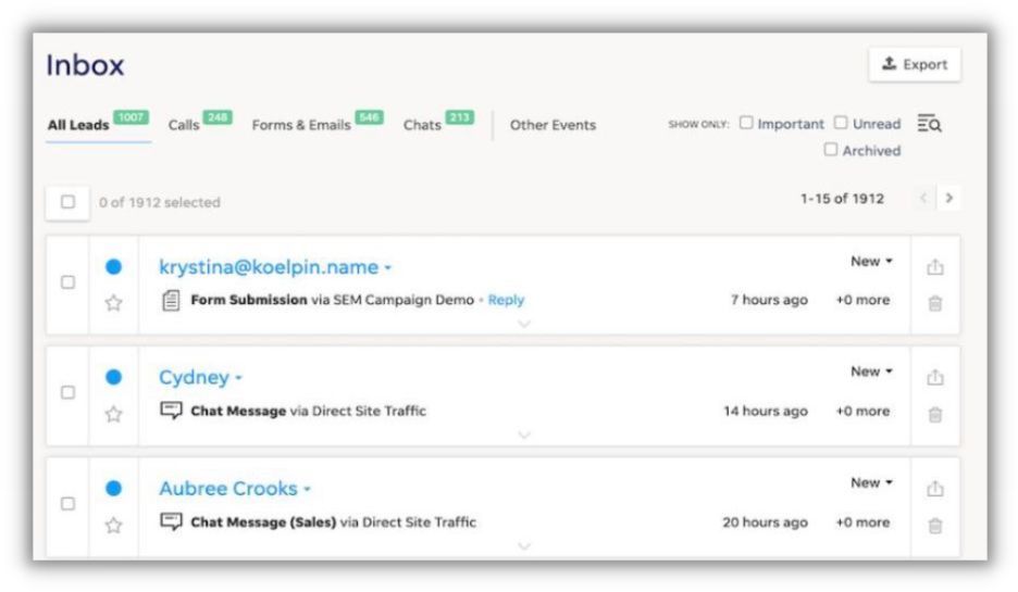 example of a lead inbox with customer data