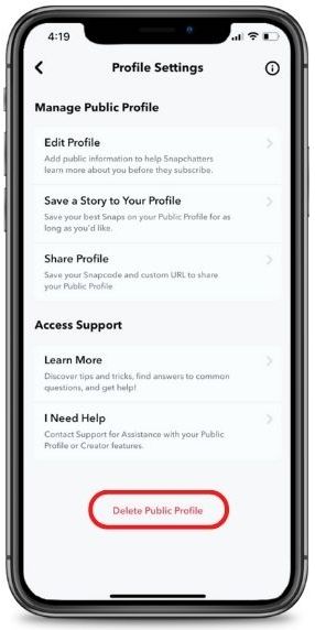 delete snapchat public profile step 2