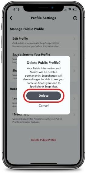 delete snapchat public profile step 3