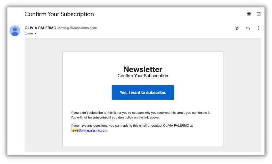 example of double opt-in email from olivia palermo