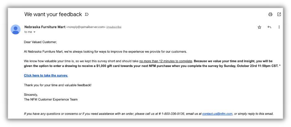 feedback request email example from nebraska furniture mart