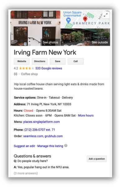 google business listing for irving farm new york