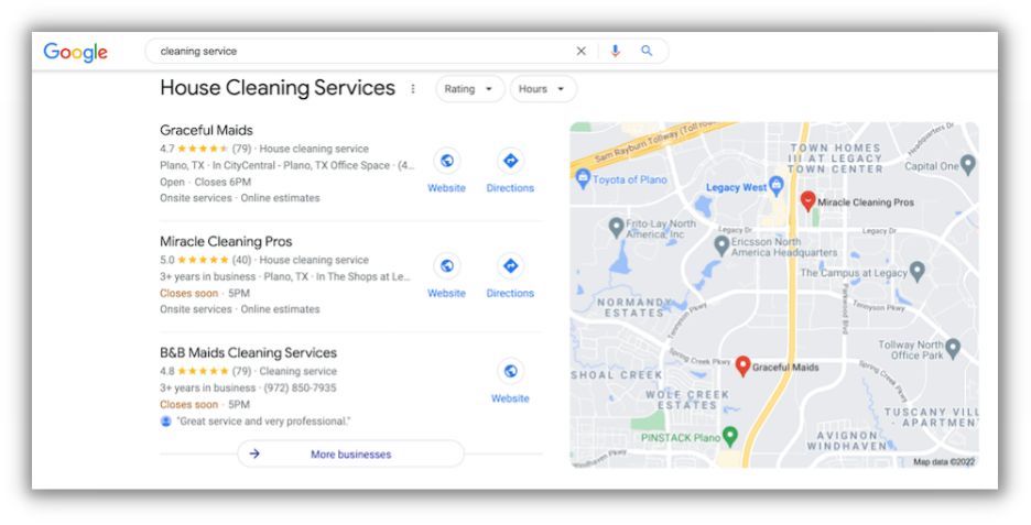 google three-pack results for cleaning business in dallas