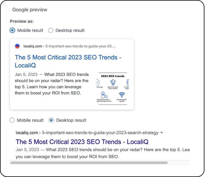 google preview for metadata on desktop and mobile