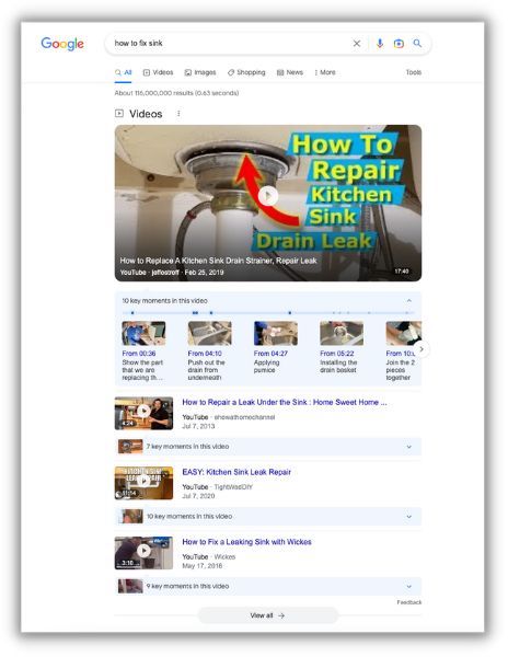 google search results for how to fix a sink showing video results