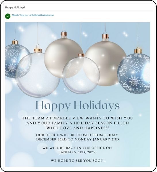 happy holidays email example from business