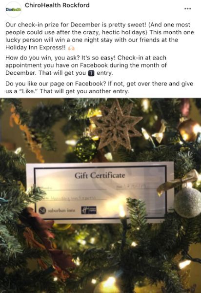 holiday facebook post idea - check in contest example from small business