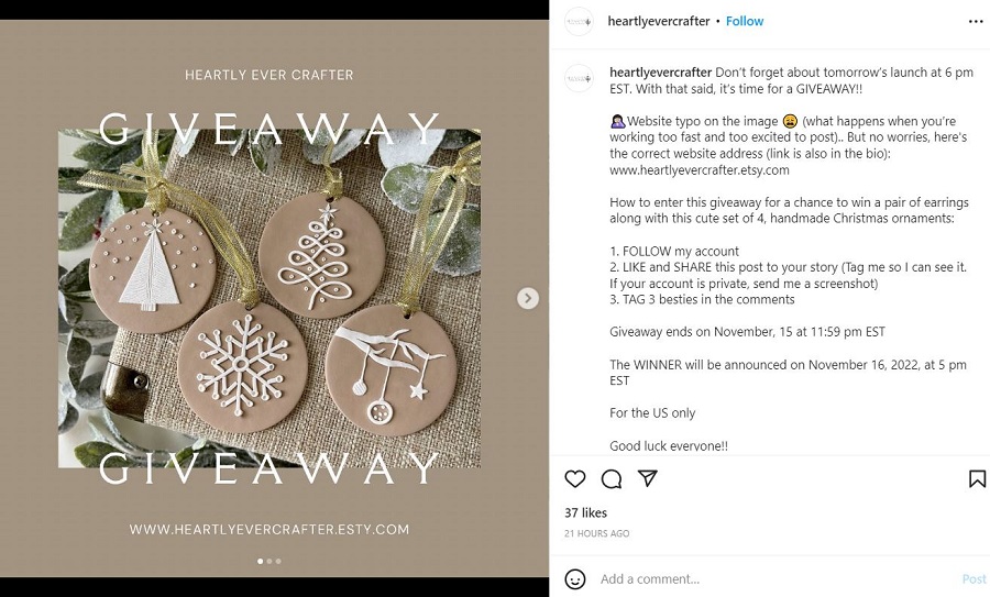 holiday giveaway ideas for instagram - example product launch giveaway post from small business