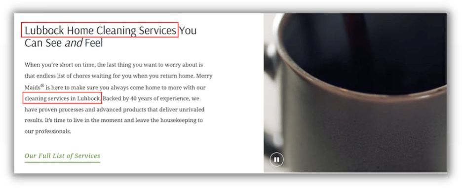 example of using local keywords on website content for cleaning business