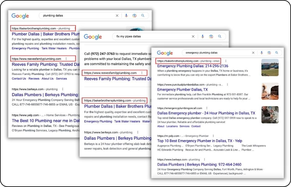 examples of businesses that rank on page 1 of google for multiple searches related to plumbing