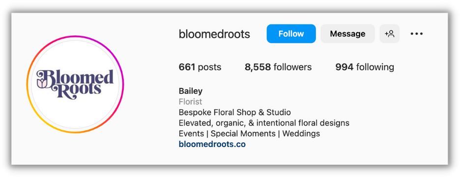 instagram bio example from bloomed roots