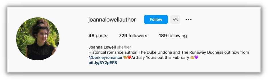 instagram bio example from author joanna