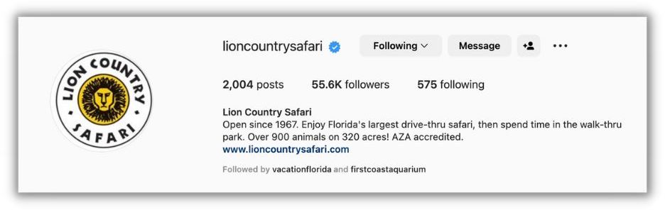 instagram bio example from lion country safari
