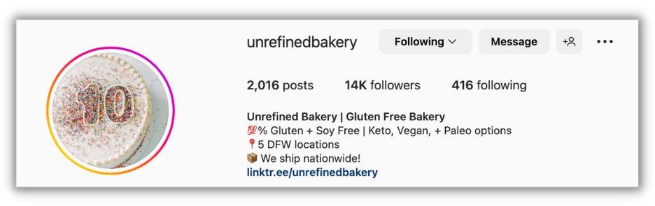 instagram bio example from unrefined bakery