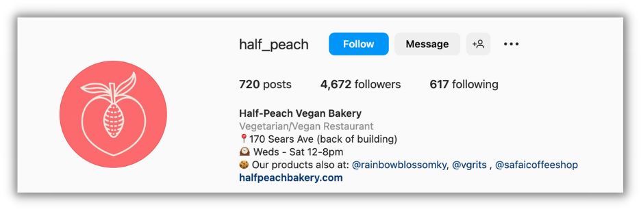 instagram bio example from half peach vegan bakery