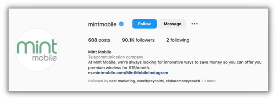 instagram bio example from mint mobile