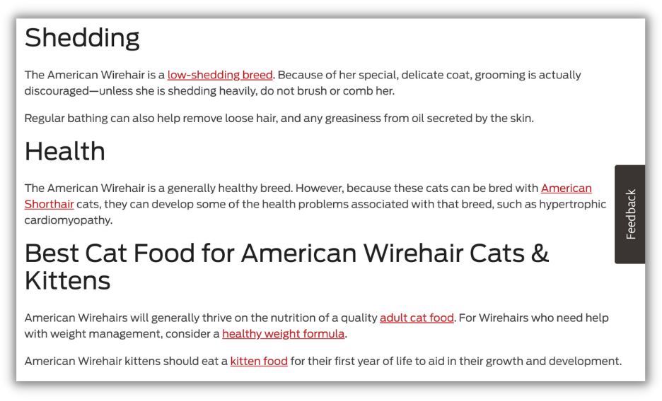 example of internal links in a piece of content on the purina website