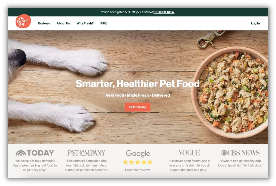 landing page example from the farmer's dog