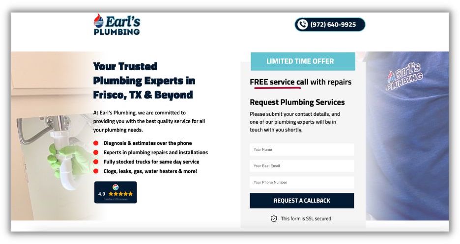 landing page example from earl's plumbing with Google review rating called out