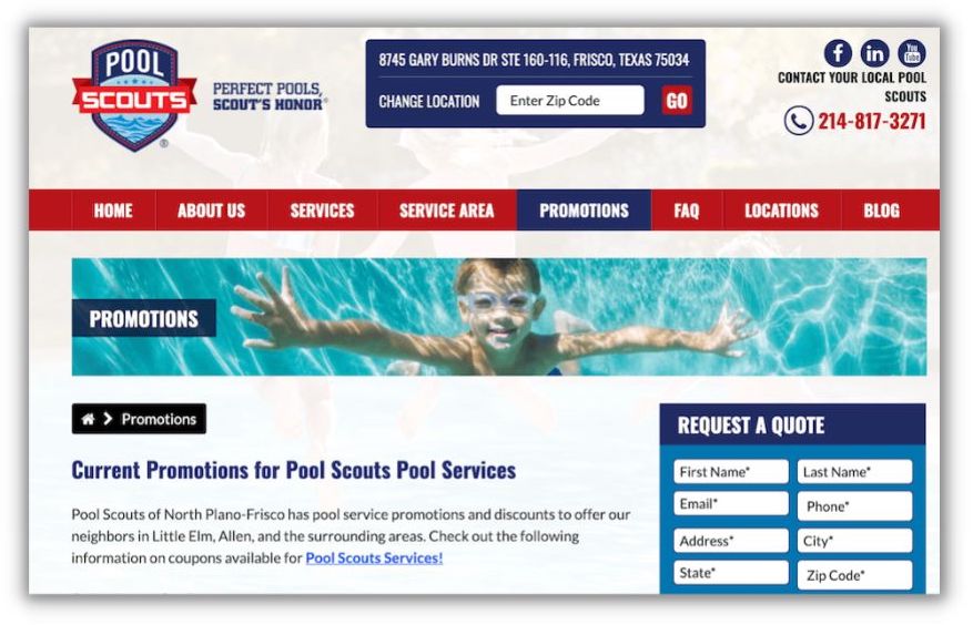landing page example from pool scouts